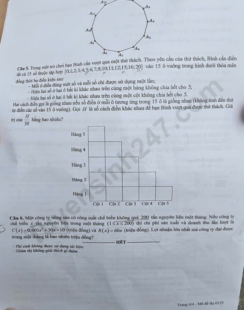 Dap an de thi tot nghiep THPT 2026 mon Toan ma de 0119 chi tiet nhat