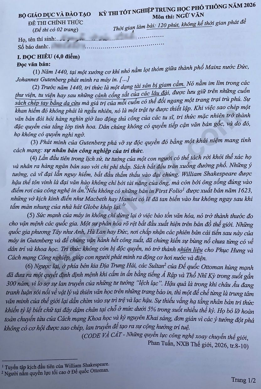 Dap an de thi tot nghiep THPT 2026 mon Van