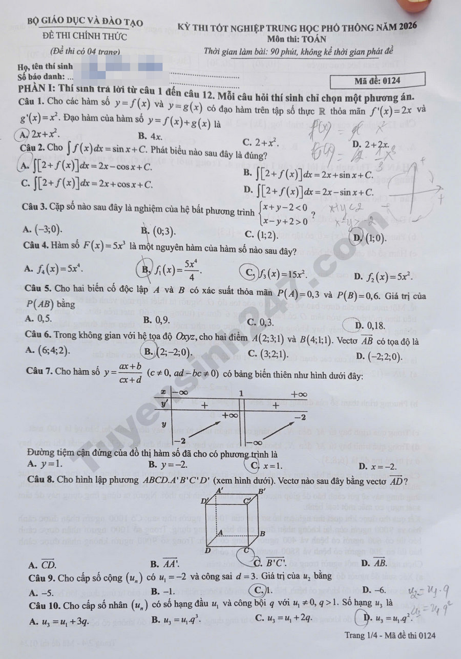 De thi tot nghiep THPT 2026 mon Toan ma de 0124 co dap an