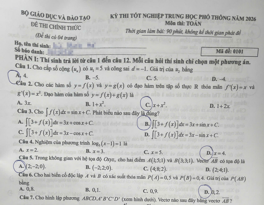 Dap an de thi tot nghiep THPT 2026 mon Toan - Ma de 0101