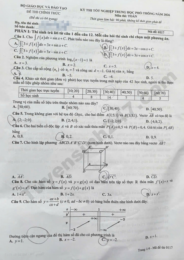 Dap an de thi tot nghiep THPT 2026 mon Toan ma de 0117