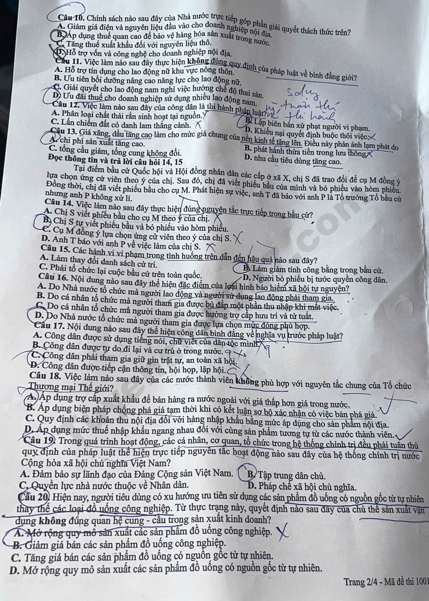 Dap an de thi tot nghiep THPT 2026 mon GDKTPL - Ma de 1001