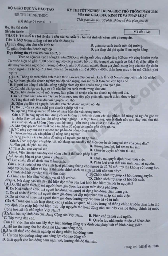 Dap an chi tiet de thi tot nghiep THPT 2026 mon GDKTPL - Ma de 1048