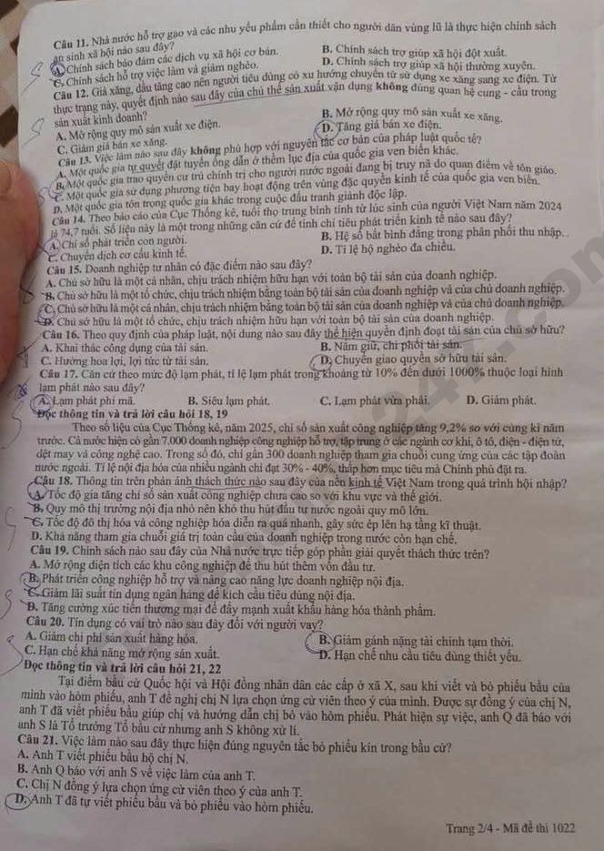 Tra cuu dap an de thi tot nghiep THPT 2026 mon GDKTPL ma de 1022