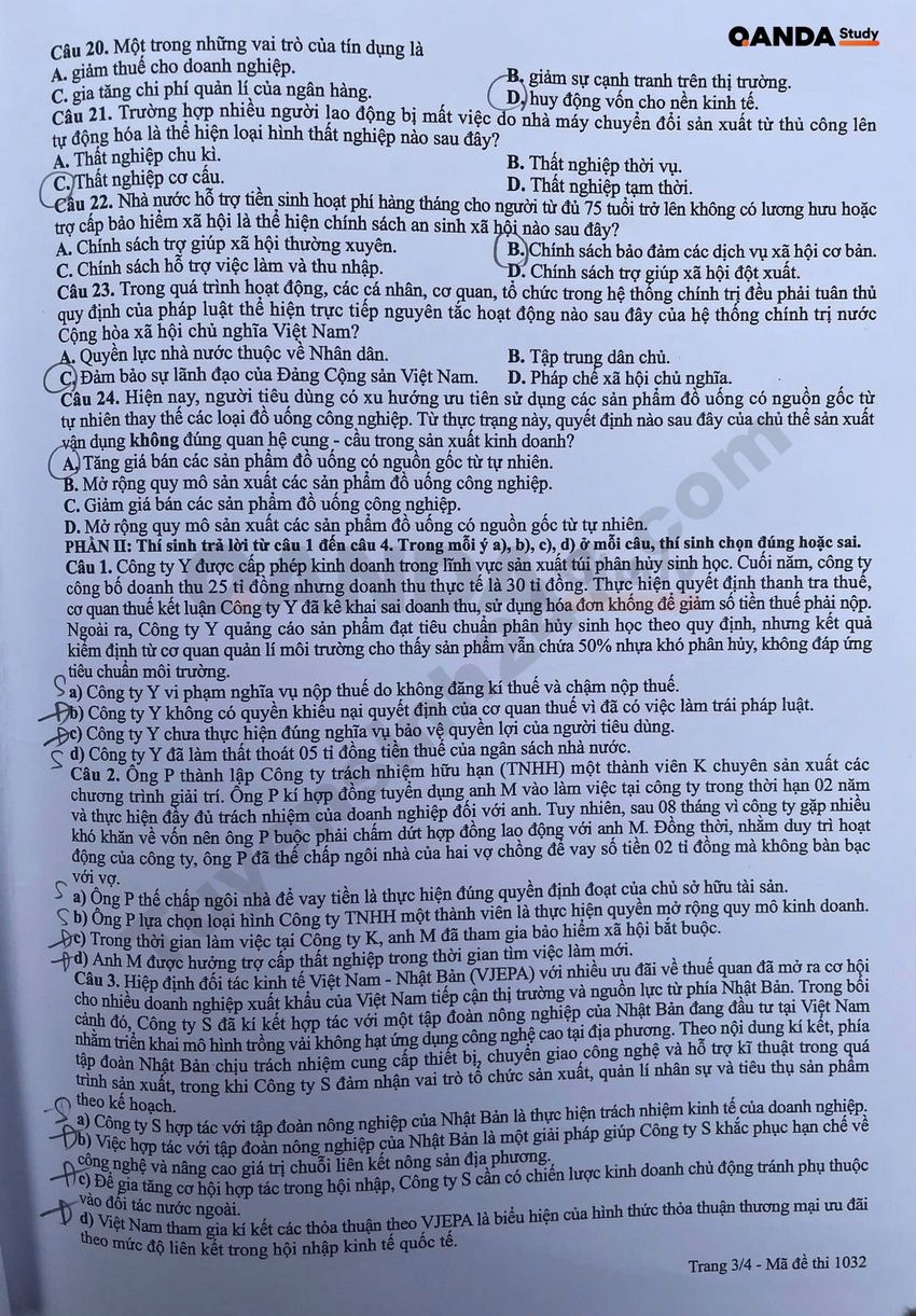 Dap an de thi tot nghiep THPT 2026 mon GDKTPL - Ma de 1032 chi tiet