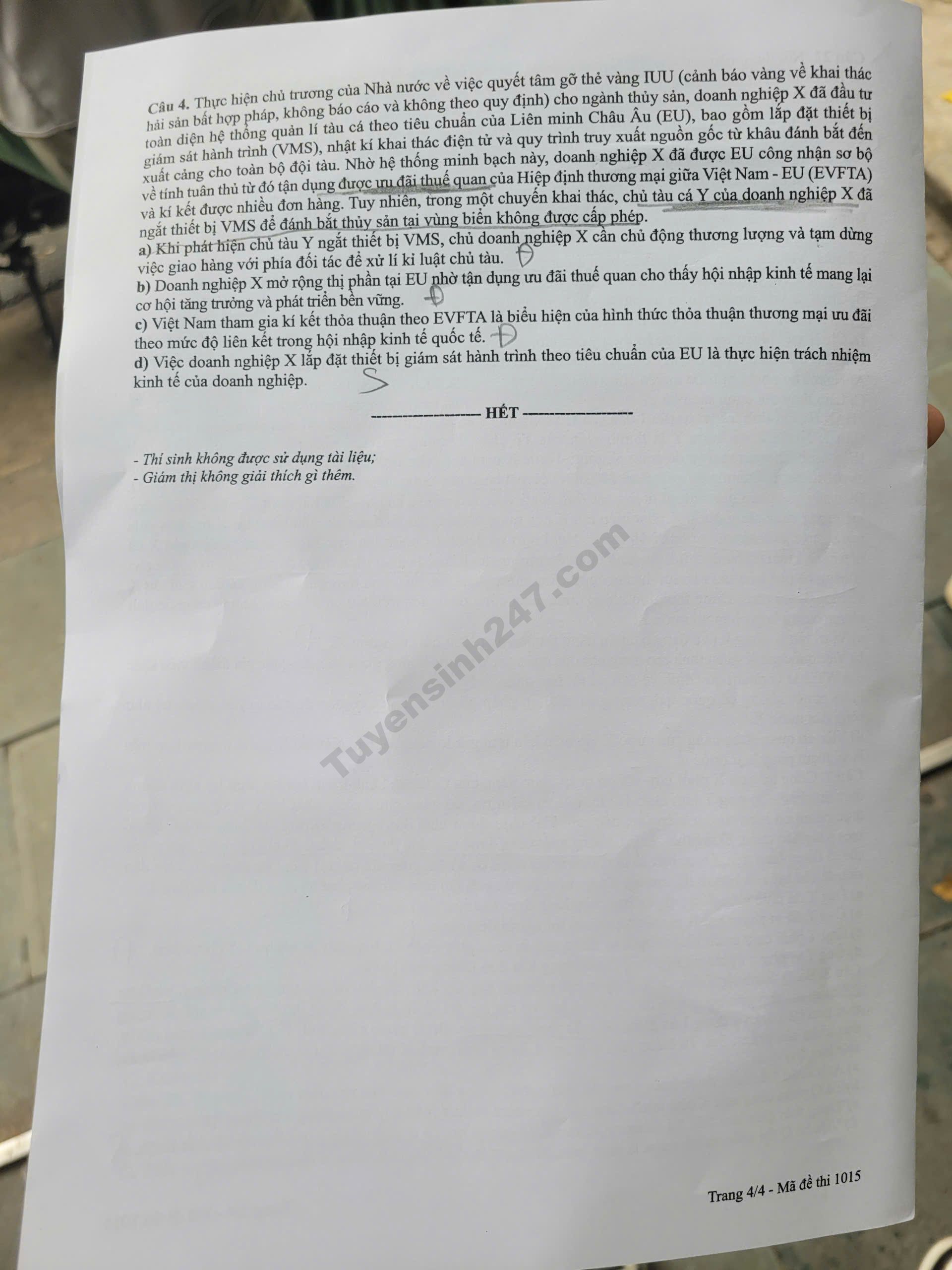 Dap an de thi tot nghiep THPT 2026 mon GDKTPL - Ma de 1015 