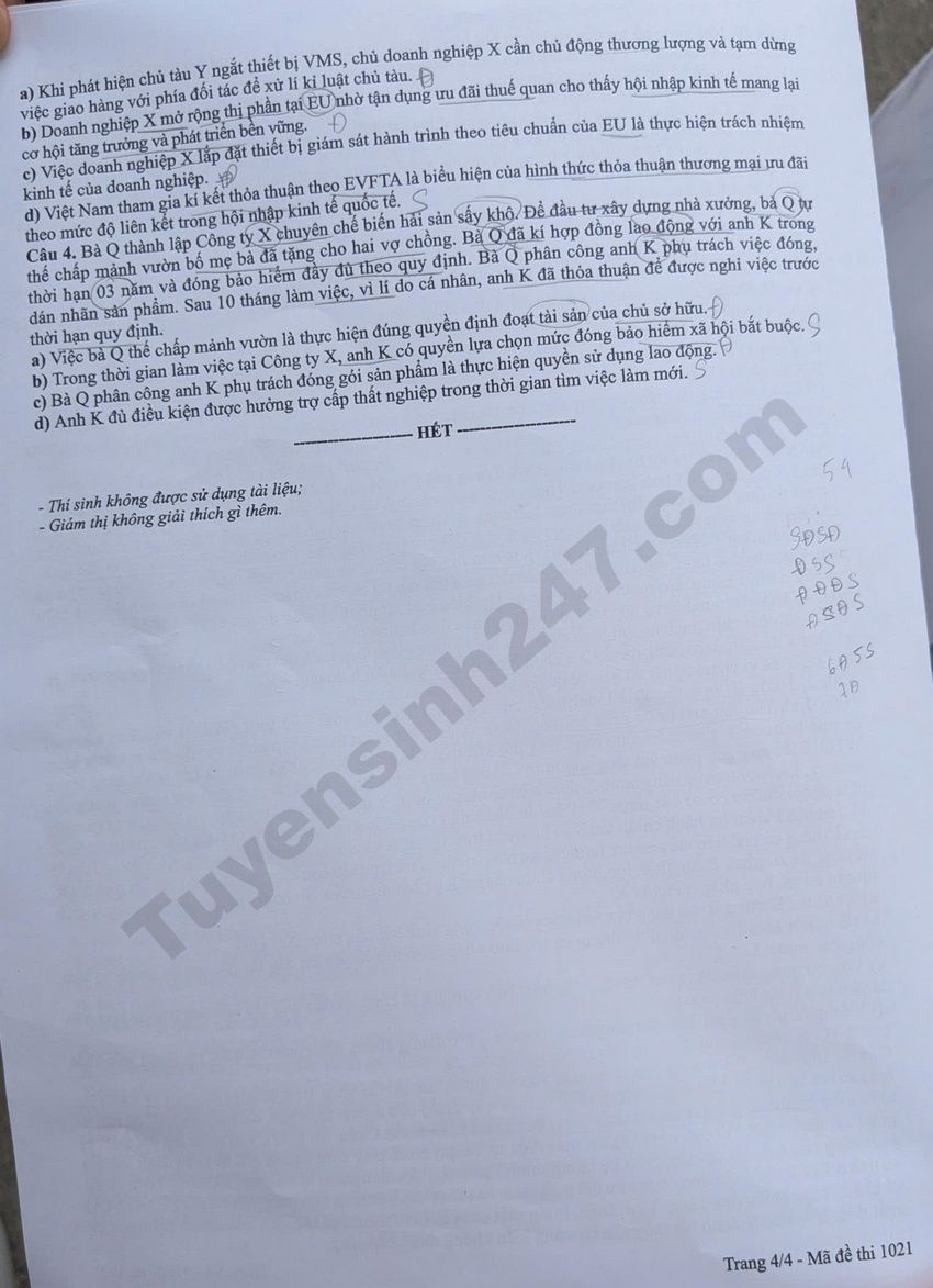 Dap an mon GDKTPL ky thi tot nghiep THPT 2026 ma de 1021