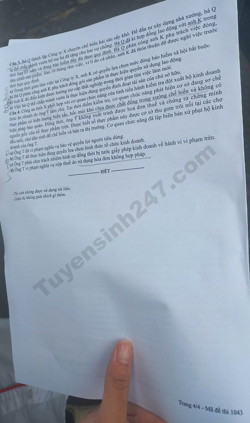 De thi va dap an mon GDKTPL tot nghiep THPT 2026 - Ma de 1043
