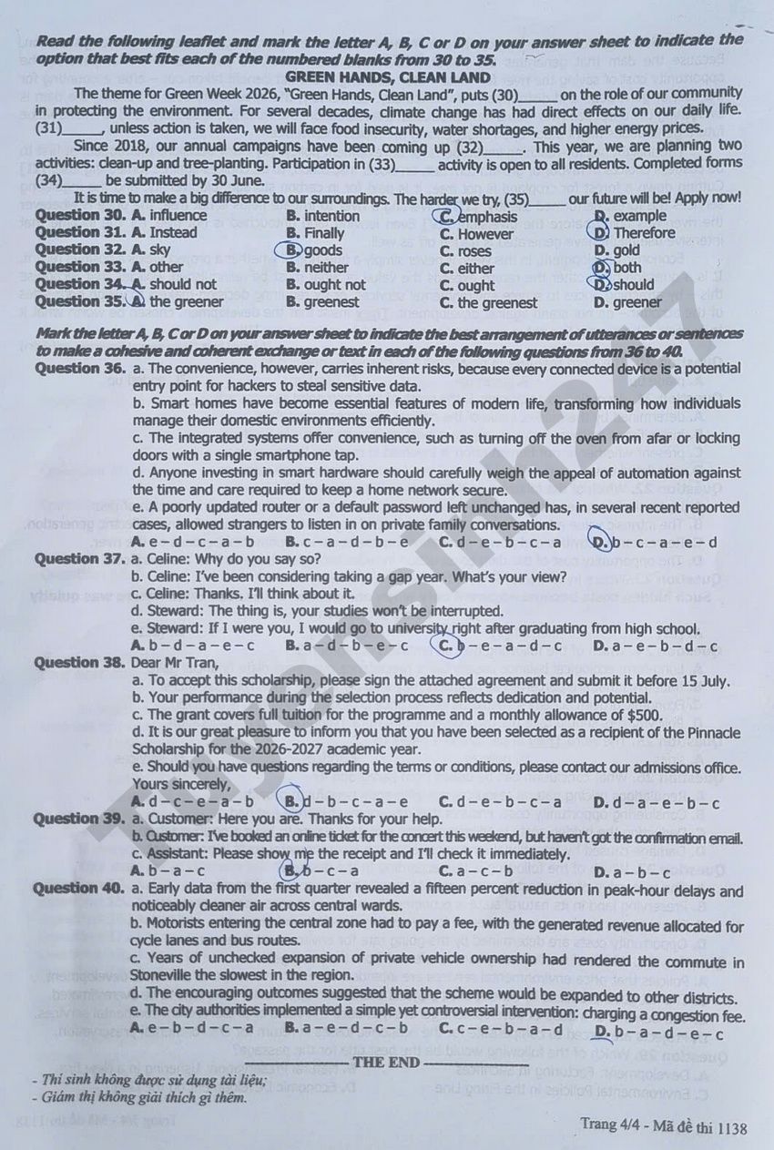 Dap an de thi tot nghiep THPT 2026 mon Anh - Ma de 1138