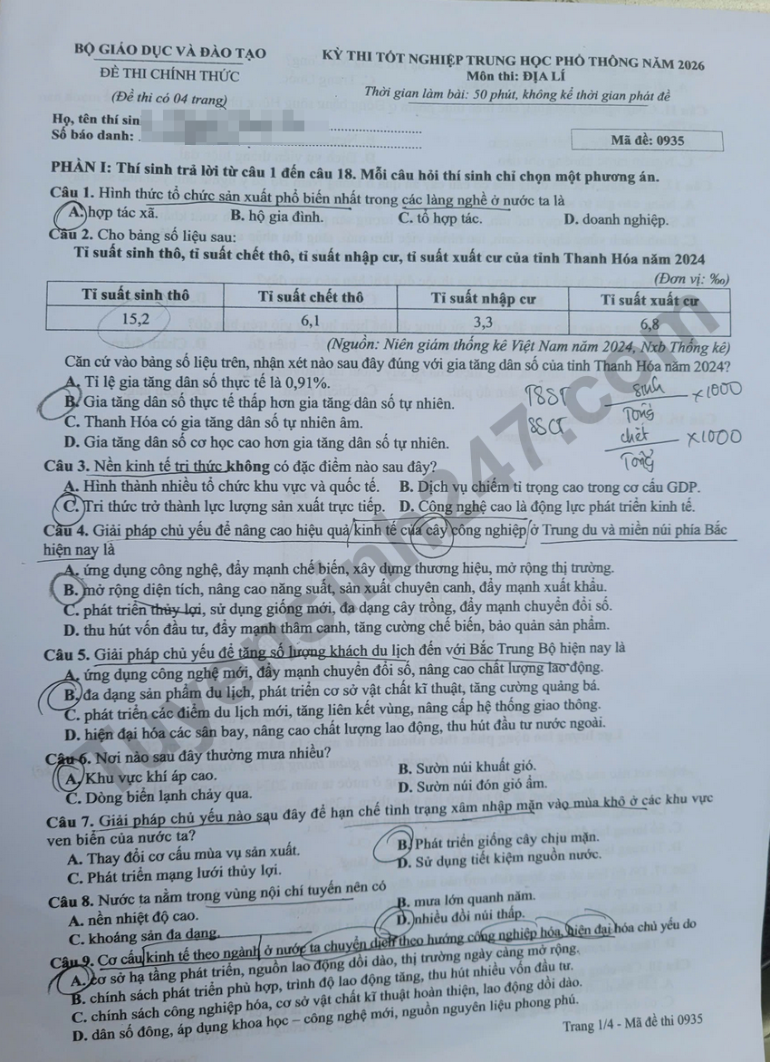 De thi va dap an de thi tot nghiep THPT 2026 mon Dia - Ma de 0935