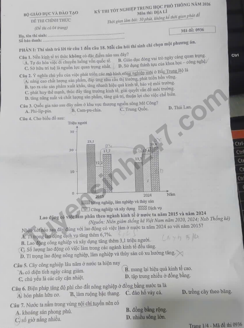 Xem dap an de thi tot nghiep THPT 2026 mon Dia - Ma de 0936