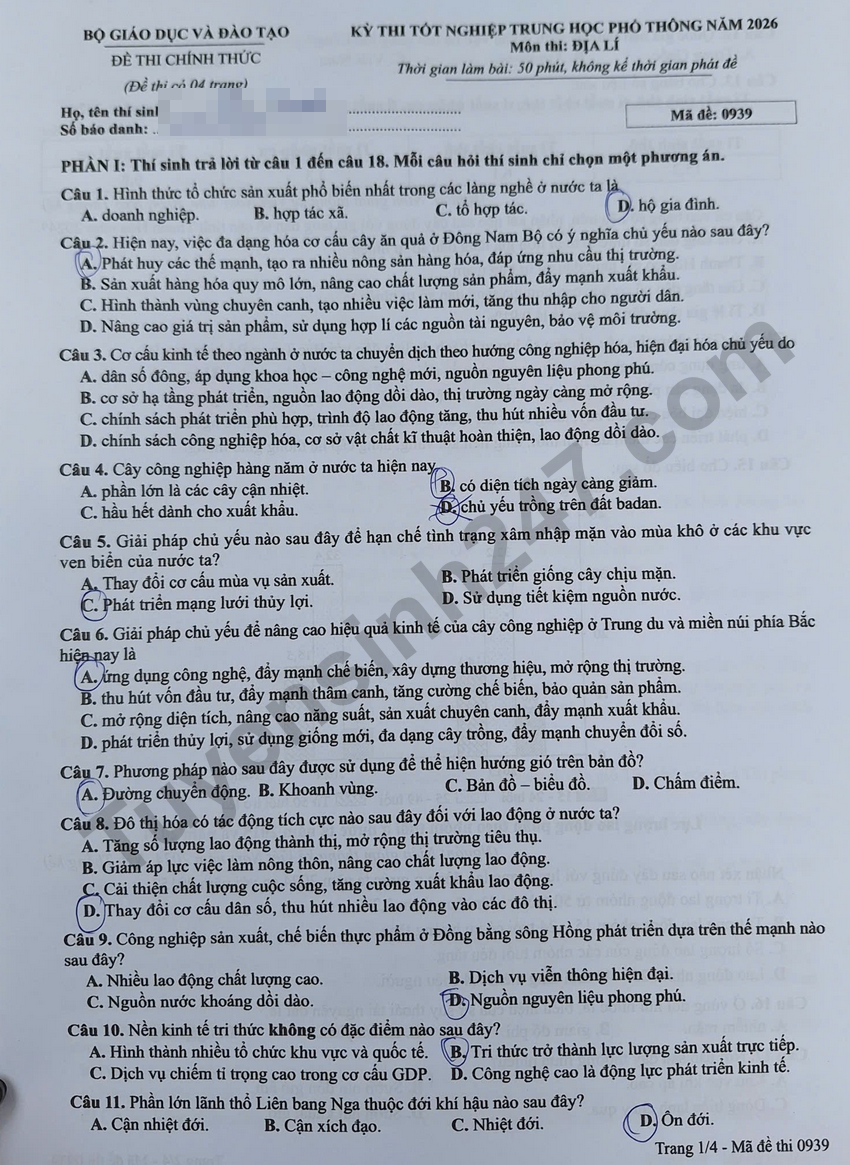 Dap an de thi tot nghiep THPT 2026 mon Dia - Ma de 0939