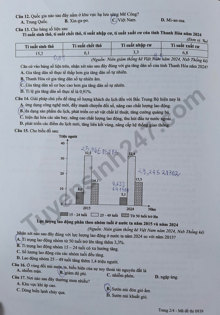 Dap an de thi tot nghiep THPT 2026 mon Dia - Ma de 0939