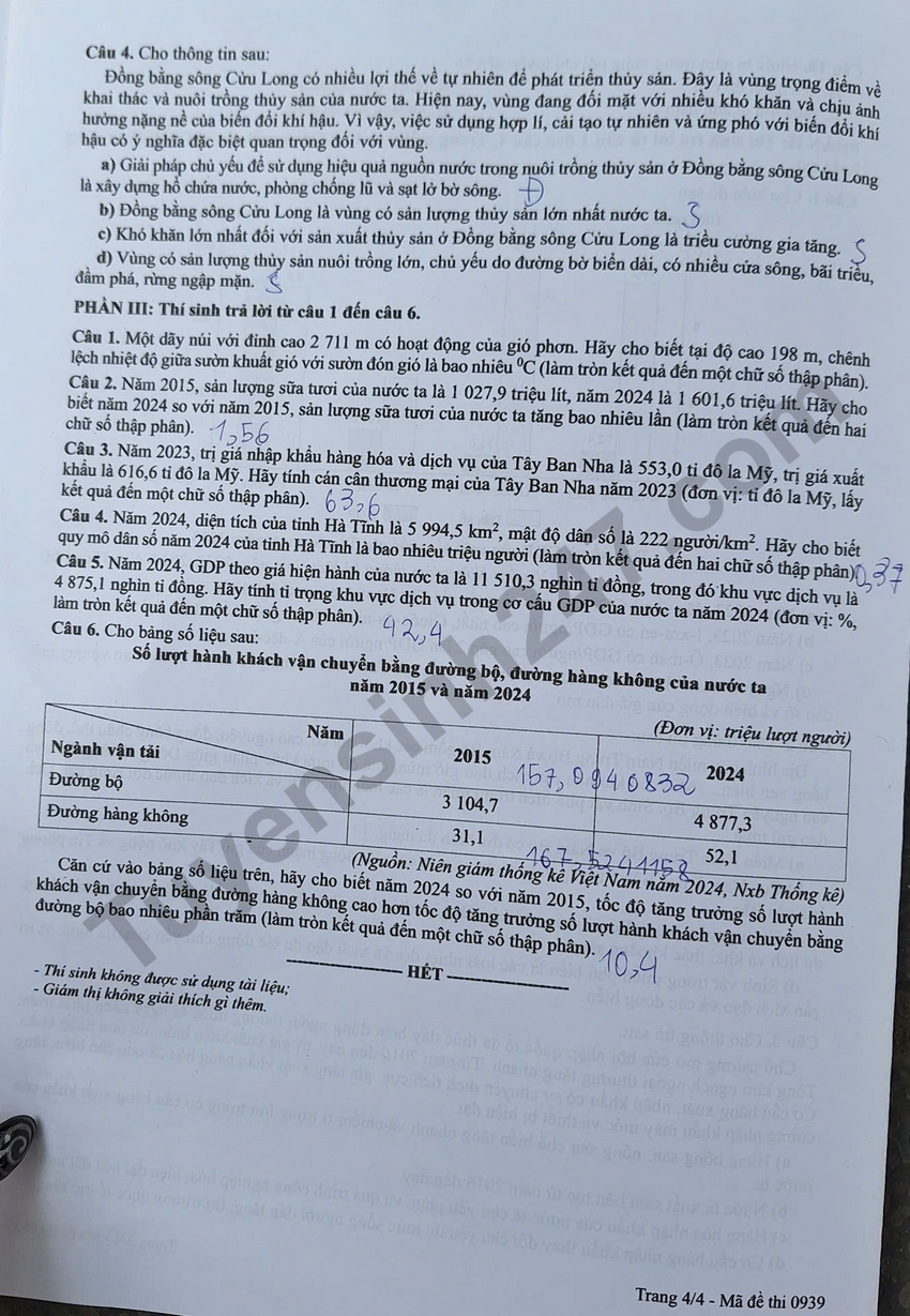 Dap an de thi tot nghiep THPT 2026 mon Dia - Ma de 0939