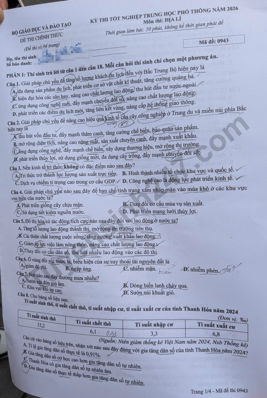 Dap an de thi tot nghiep THPT 2026 mon Dia - Ma de 0943