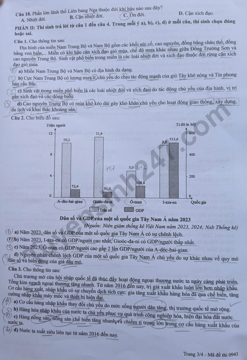 Dap an de thi tot nghiep THPT 2026 mon Dia - Ma de 0943