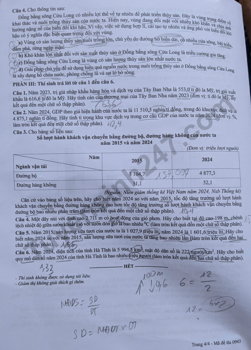 Dap an de thi tot nghiep THPT 2026 mon Dia - Ma de 0943