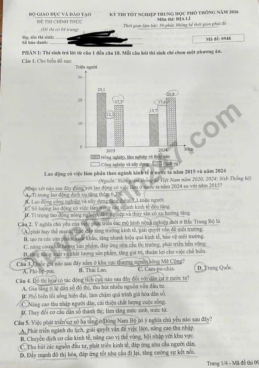 Cap nhat dap an de thi tot nghiep THPT 2026 mon Dia - Ma de 0948