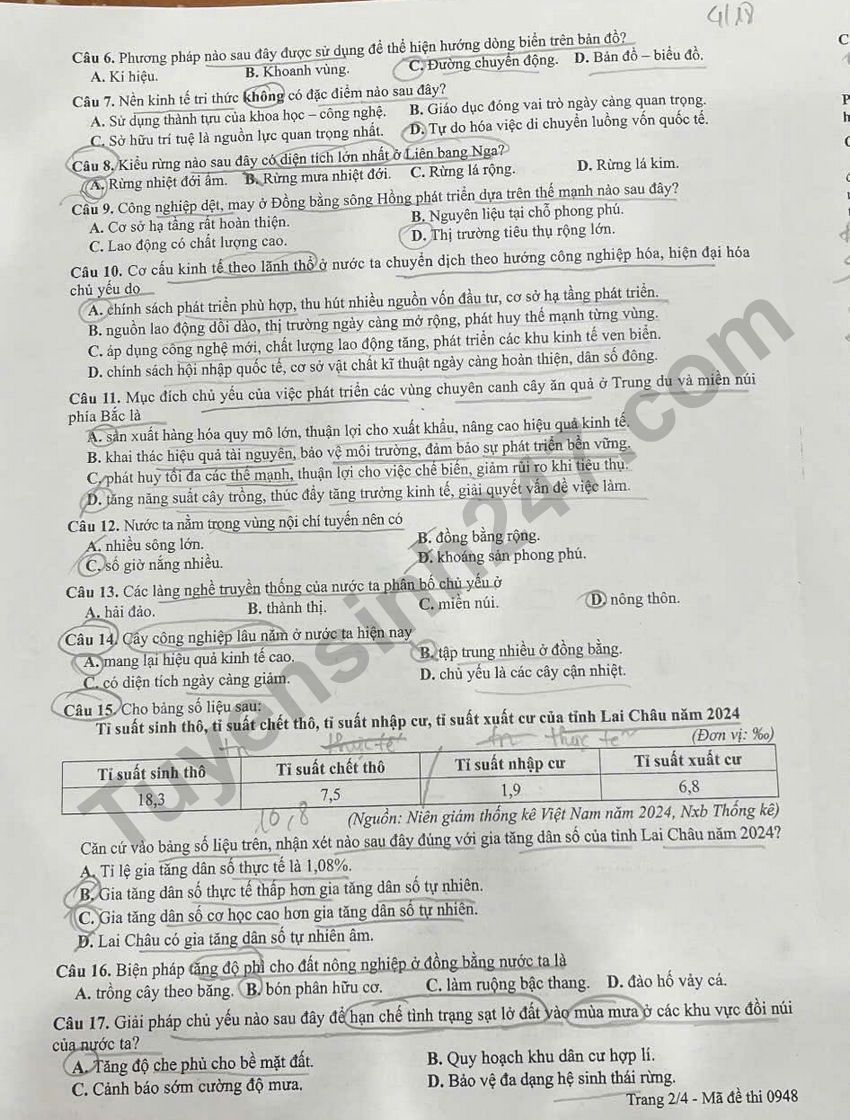 Cap nhat dap an de thi tot nghiep THPT 2026 mon Dia - Ma de 0948
