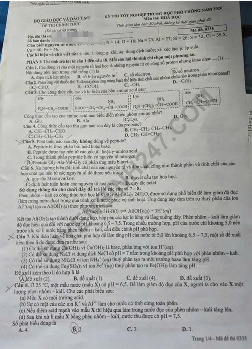 Dap an de thi tot nghiep THPT 2026 mon Hoa - Ma de 0335 chi tiet