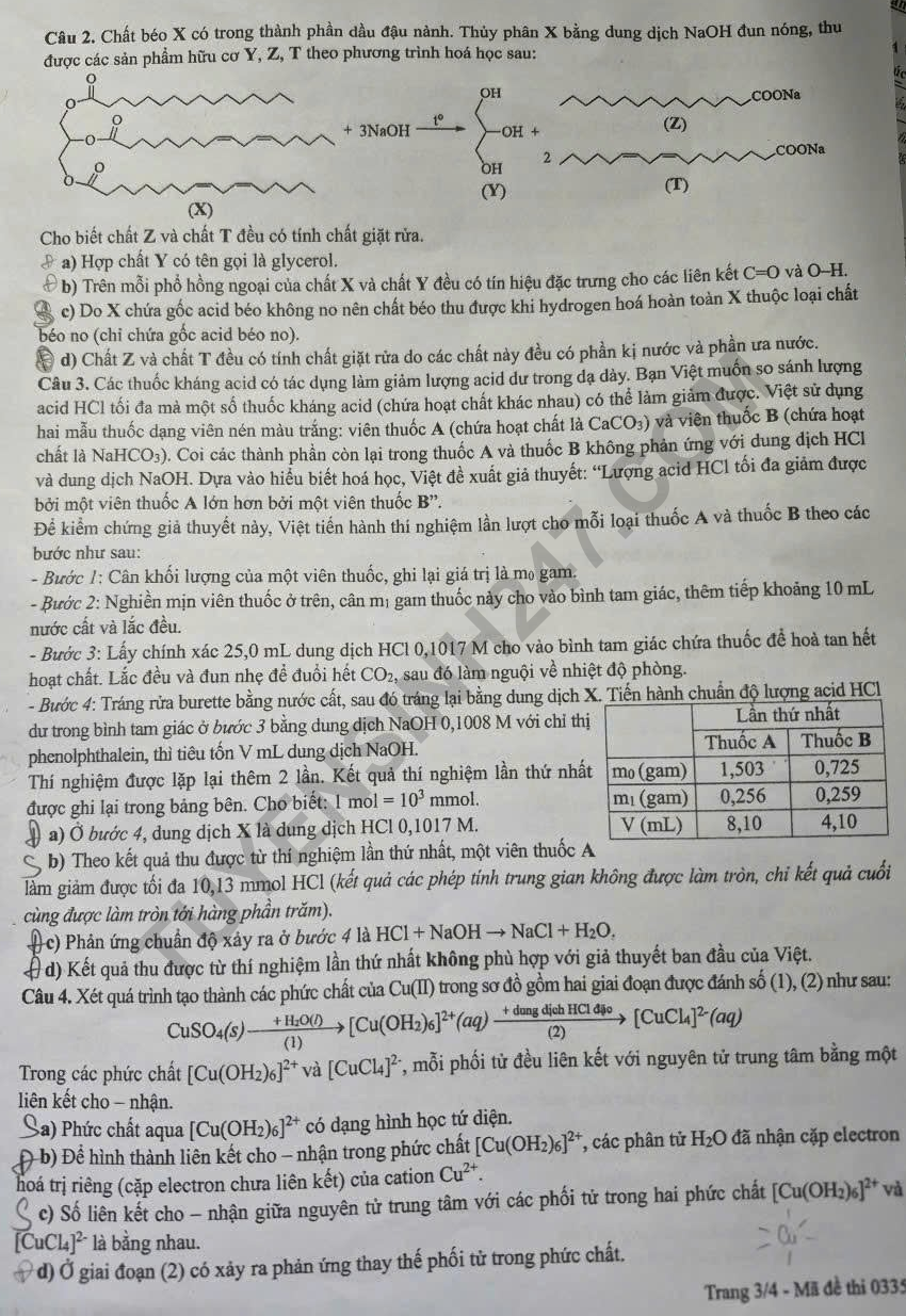 Dap an de thi tot nghiep THPT 2026 mon Hoa - Ma de 0335 chi tiet