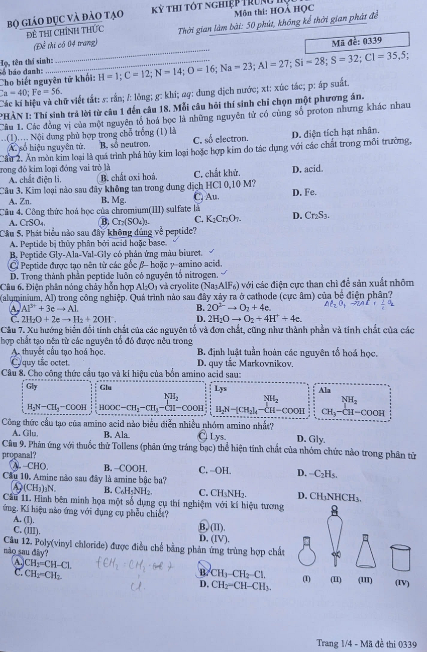 Dap an mon Hoa de thi tot nghiep THPT 2026 - Tat ca ma de