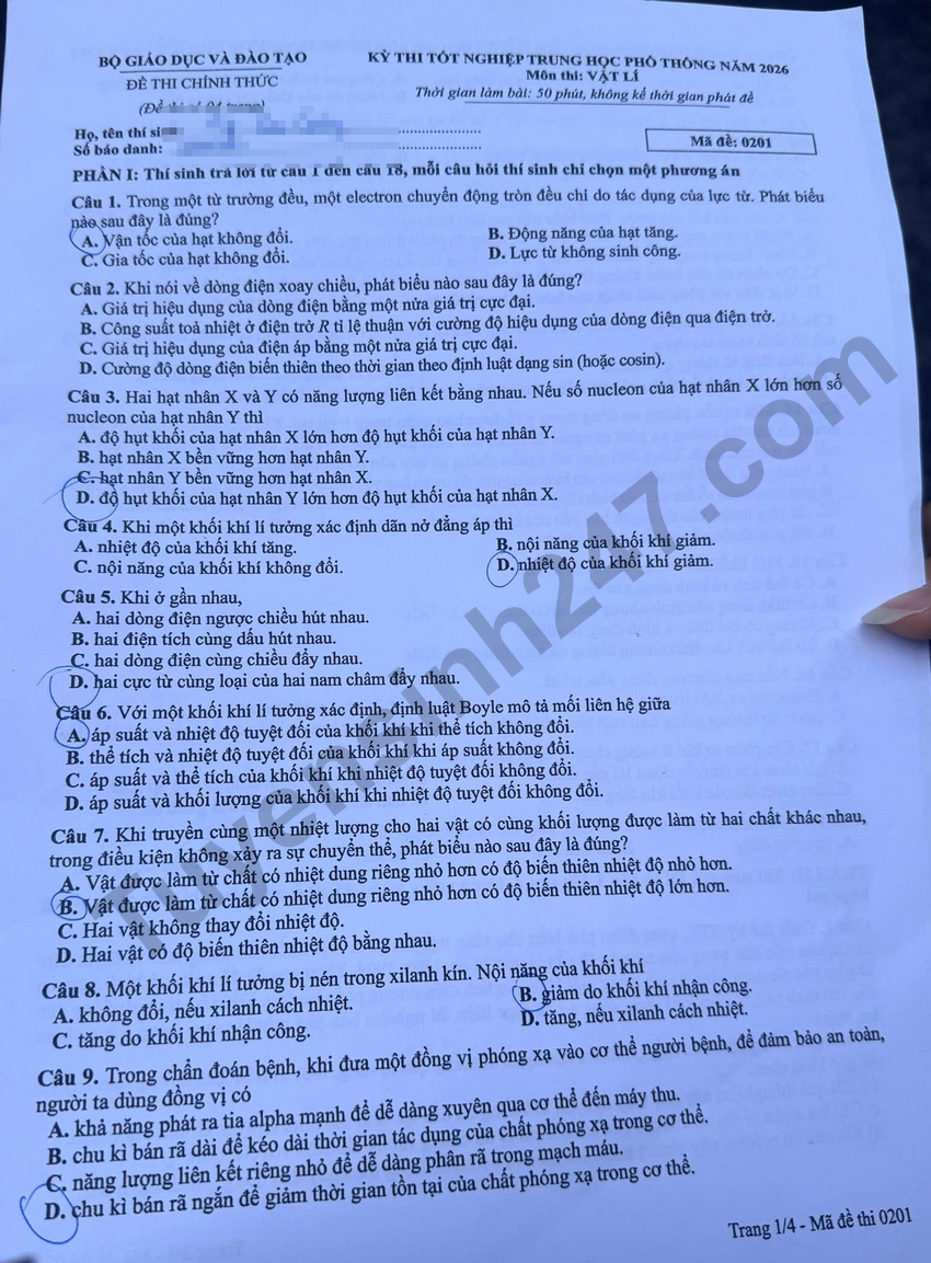 De thi va dap an mon Ly tot nghiep THPT 2026 - Ma de 0201