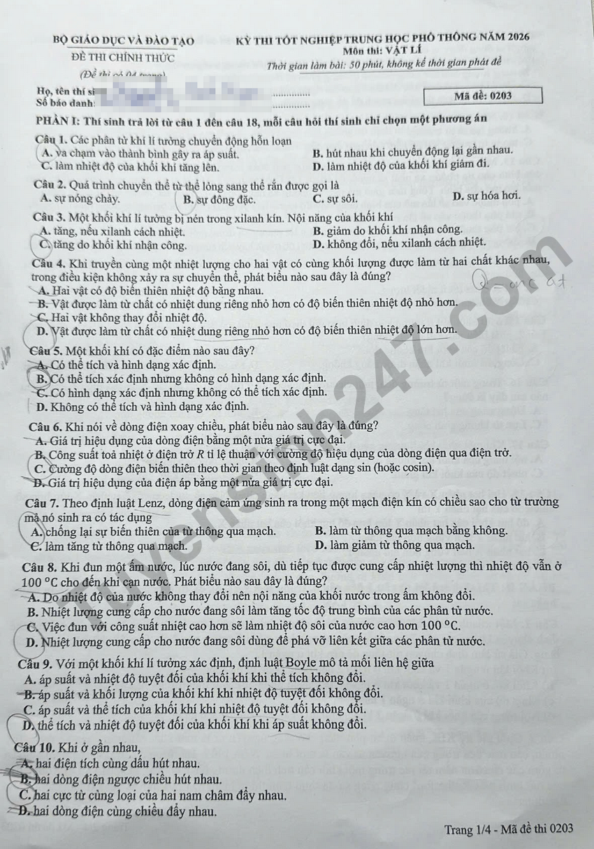 Cap nhat dap an de thi tot nghiep THPT 2026 mon Ly - Ma de 0203