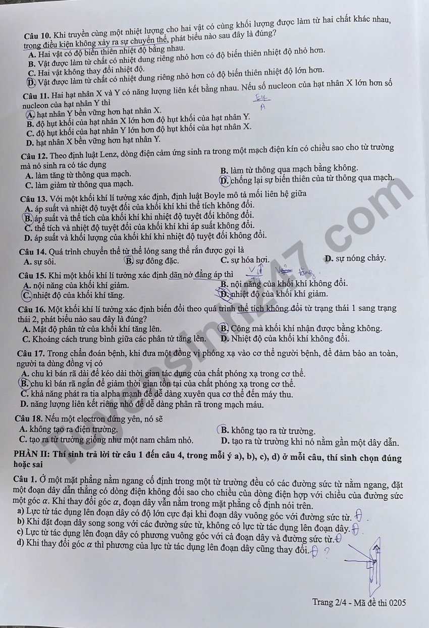Tra cuu dap an de thi tot nghiep THPT 2026 mon Ly ma de 0205