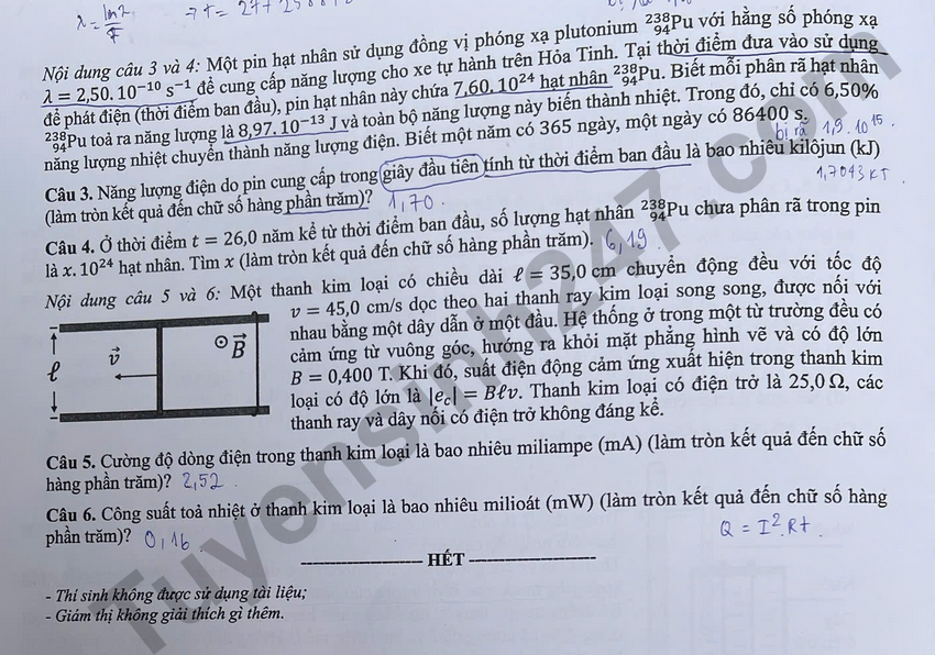 Tra cuu dap an de thi tot nghiep THPT 2026 mon Ly ma de 0205