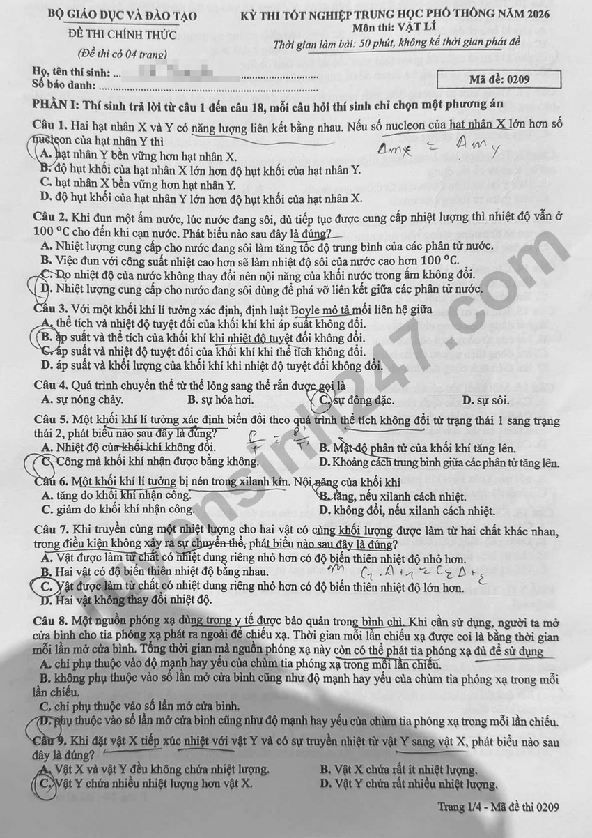 Full dap an de thi tot nghiep THPT 2026 mon Ly - Ma de 0209