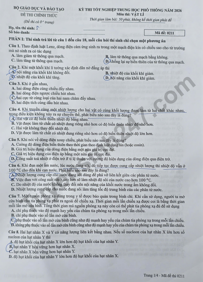Doi chieu dap an de thi tot nghiep THPT 2026 mon Ly - Ma de 0211