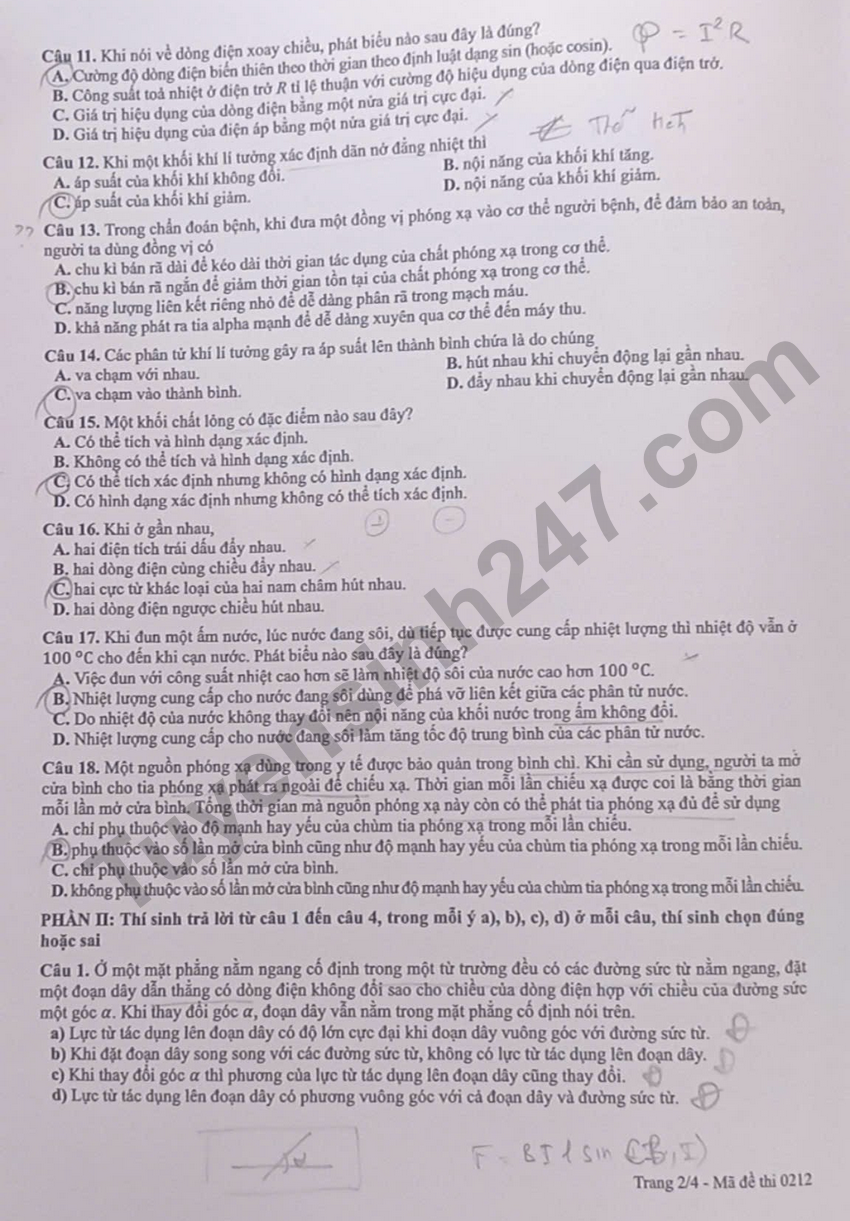 Dap an de thi tot nghiep THPT 2026 mon Ly - Ma de 0212