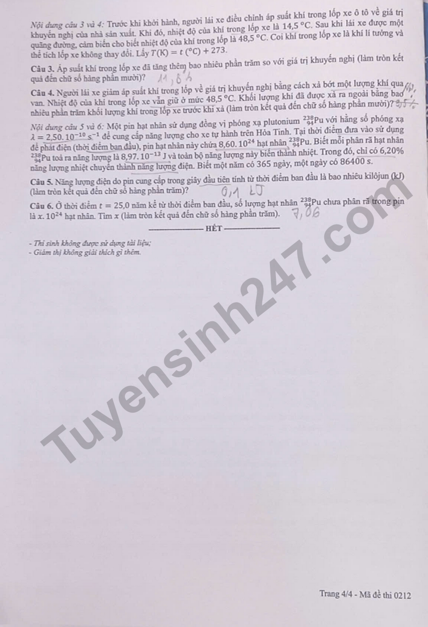 Dap an de thi tot nghiep THPT 2026 mon Ly - Ma de 0212