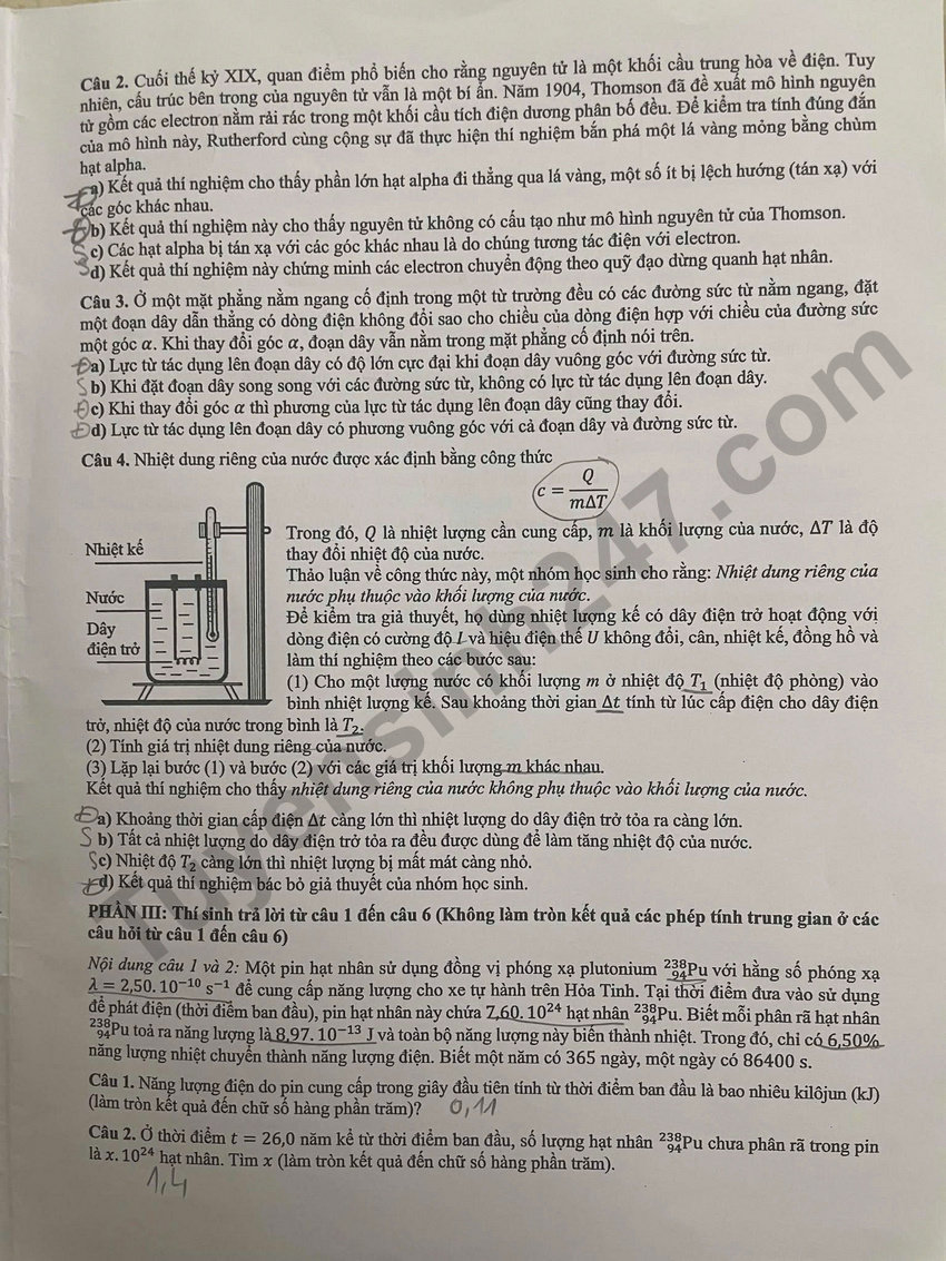 Day du dap an de thi mon Ly tot nghiep THPT 2026 - Ma de 0213