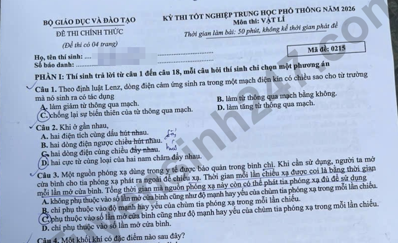 Dap an de thi tot nghiep THPT 2026 mon Ly - Ma de 0215 chi tiet