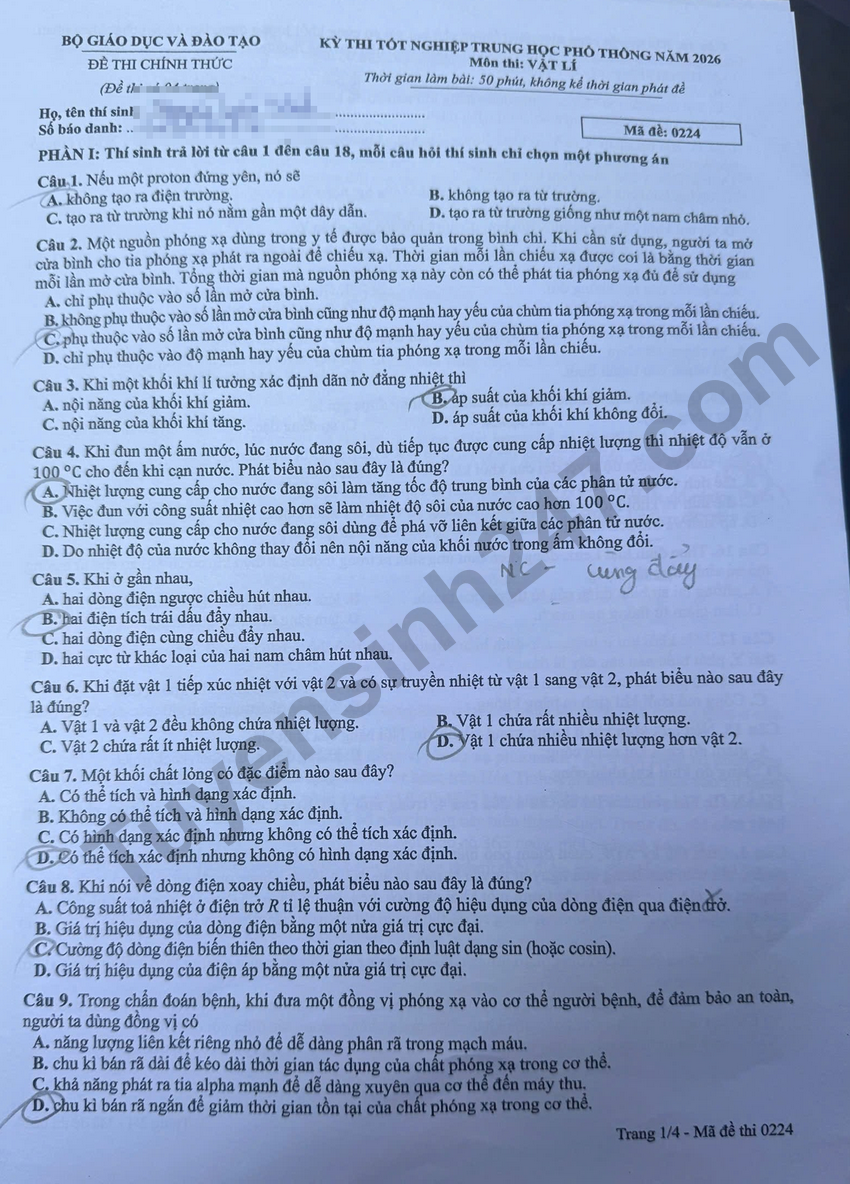 Tra cuu dap an de thi tot nghiep THPT 2026 mon Ly - Ma de 0216