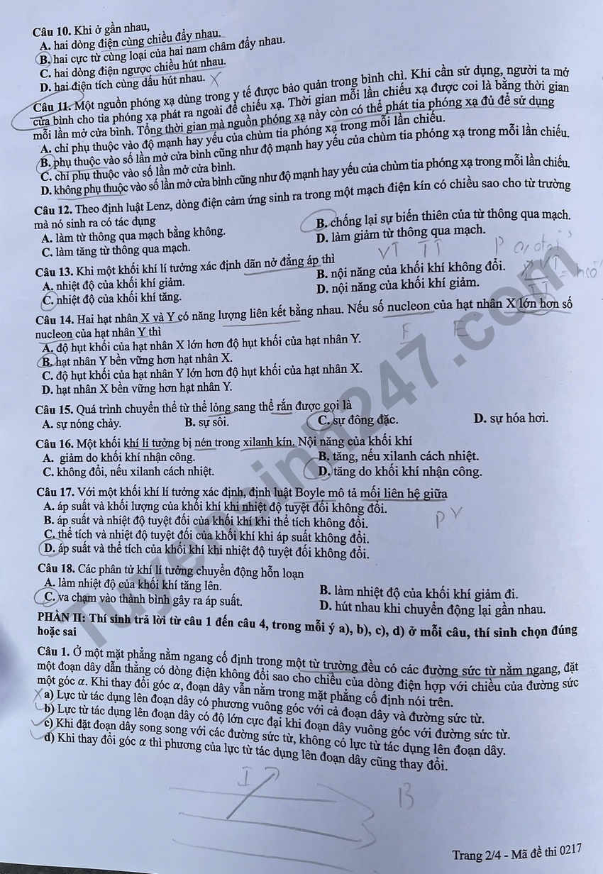 Dap an de thi tot nghiep THPT 2026 mon Ly - Ma de 0217