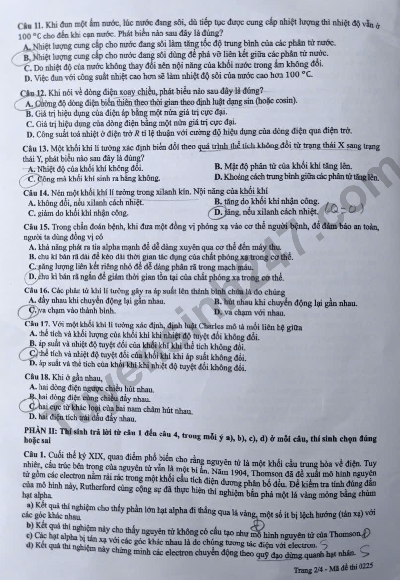 Dap an mon Ly thi tot nghiep THPT 2026 - Ma de 0225
