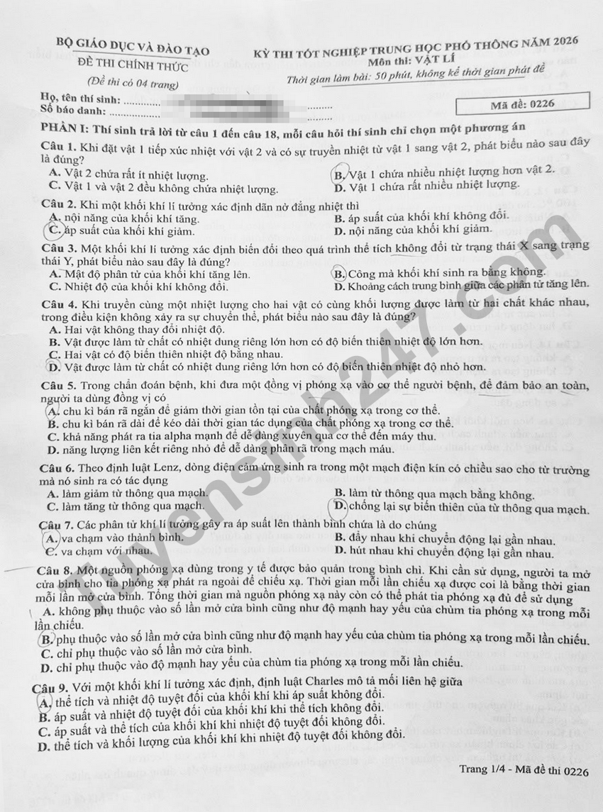 Dap an de thi tot nghiep THPT 2026 mon Ly - Ma de 0226