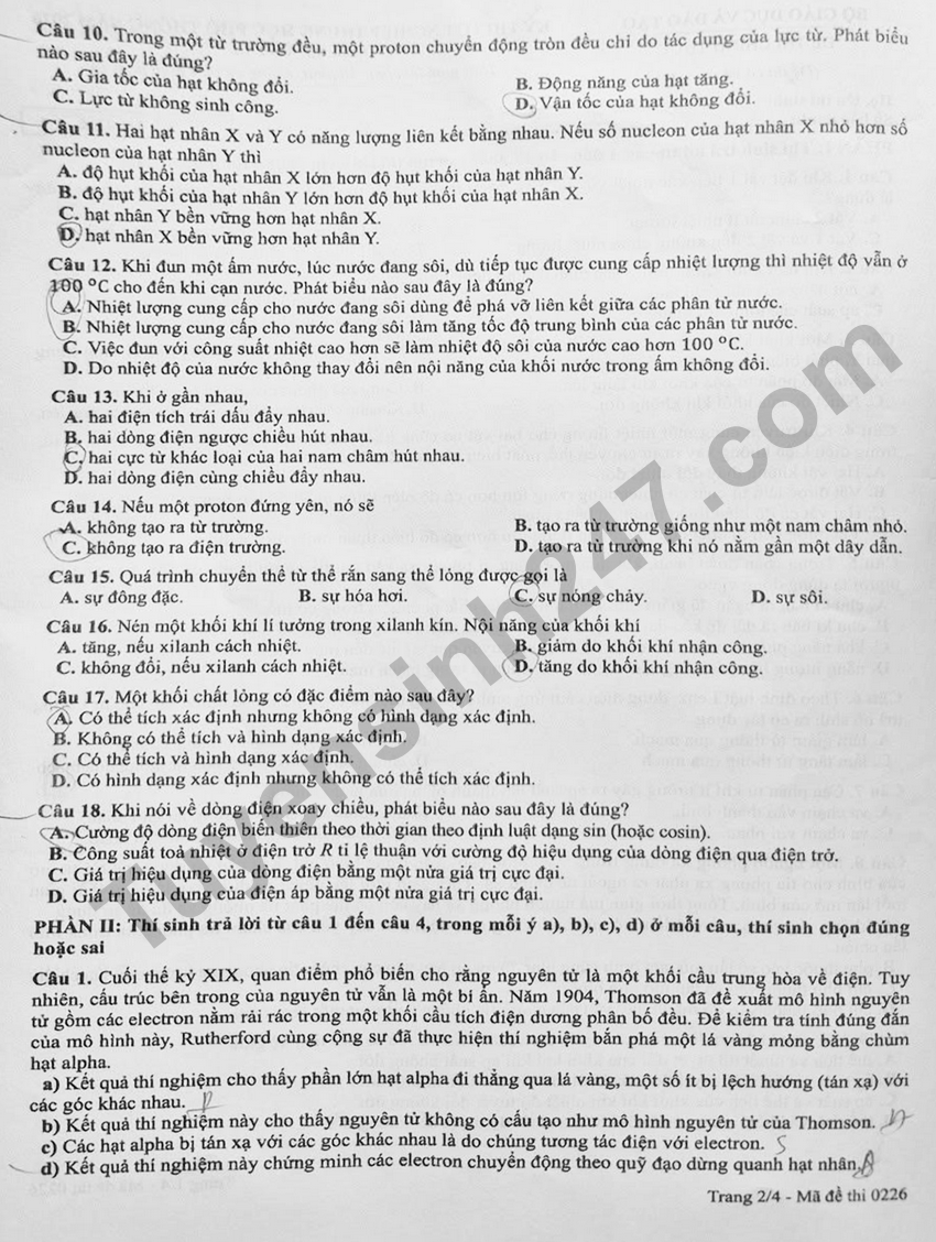 Dap an de thi tot nghiep THPT 2026 mon Ly - Ma de 0226