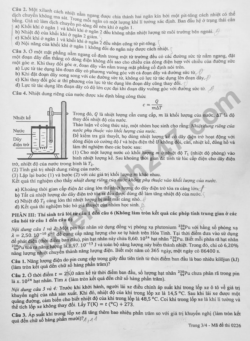 Dap an de thi tot nghiep THPT 2026 mon Ly - Ma de 0226