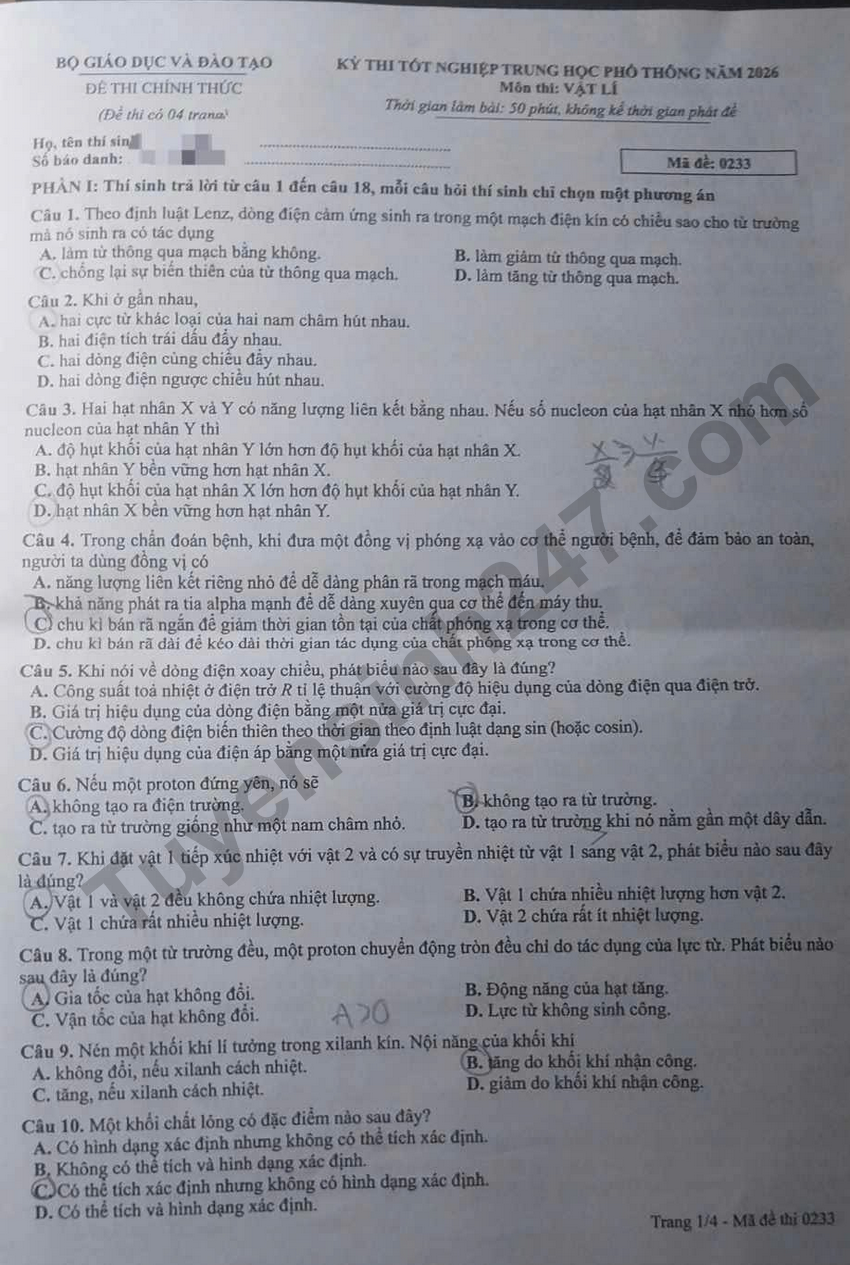 Tra cuu dap an de thi tot nghiep THPT 2026 mon Ly ma de 0233