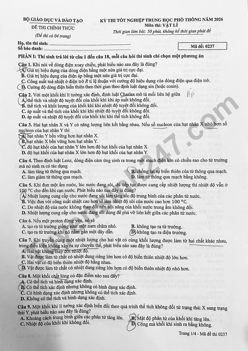 Full dap an de thi tot nghiep THPT 2026 mon Ly - Ma de 0237