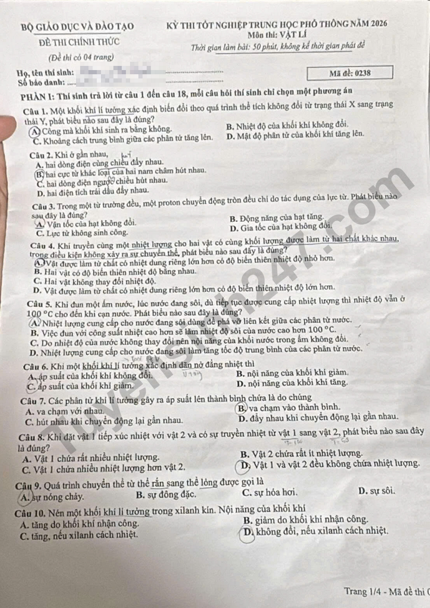 Dap an de thi THPT 2026 mon Ly ma de 0238 day du nhat