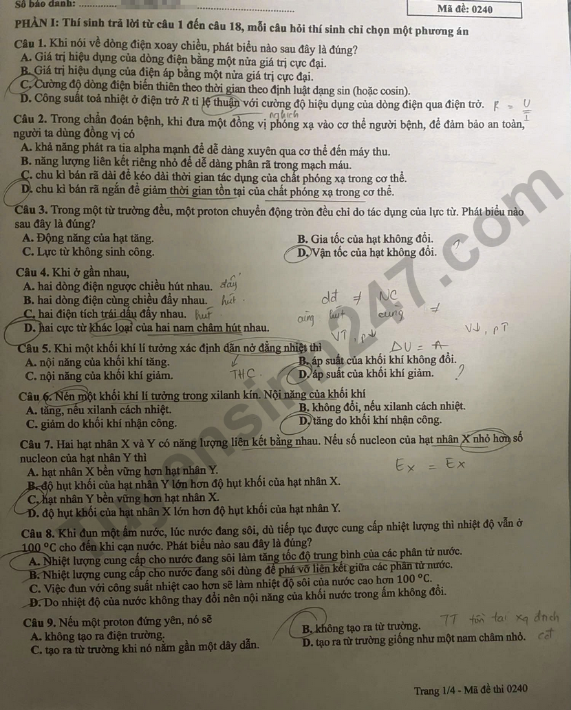 Dap an de thi tot nghiep THPT 2026 mon Ly - Ma de 0240