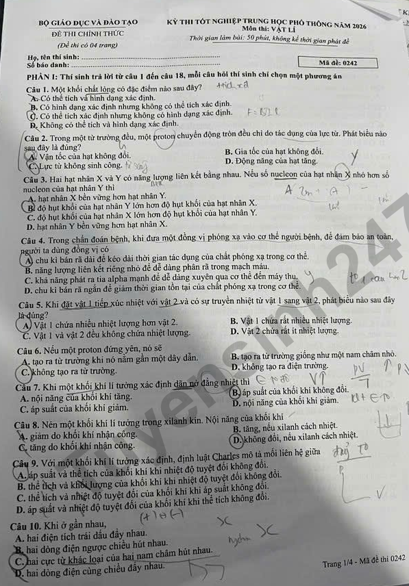 Dap an de thi tot nghiep THPT 2026 mon Ly - Ma de 0242