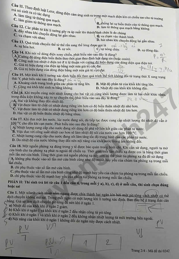 Dap an de thi tot nghiep THPT 2026 mon Ly - Ma de 0242