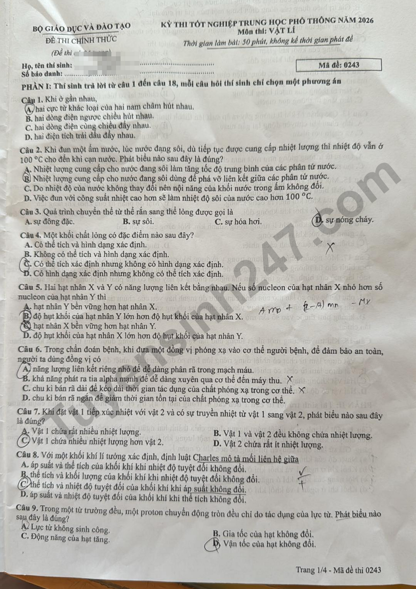 Dap an de thi tot nghiep THPT 2026 mon Ly - Ma de 0243 chi tiet