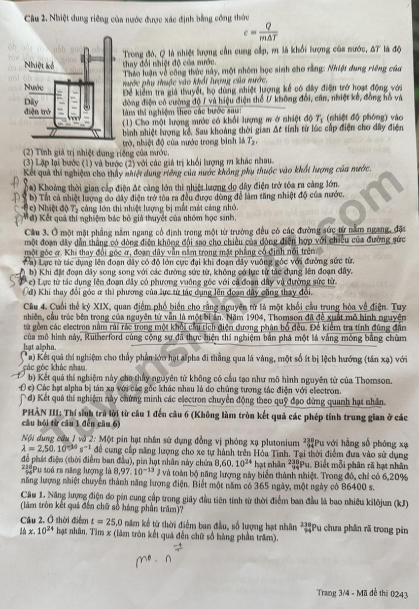 Dap an de thi tot nghiep THPT 2026 mon Ly - Ma de 0243 chi tiet